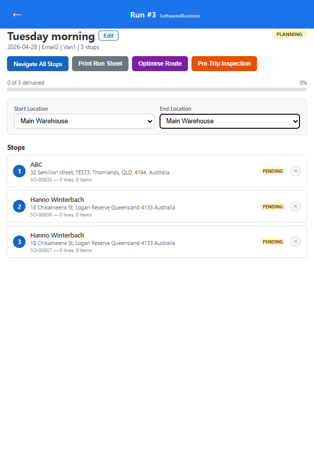Delivery run screen