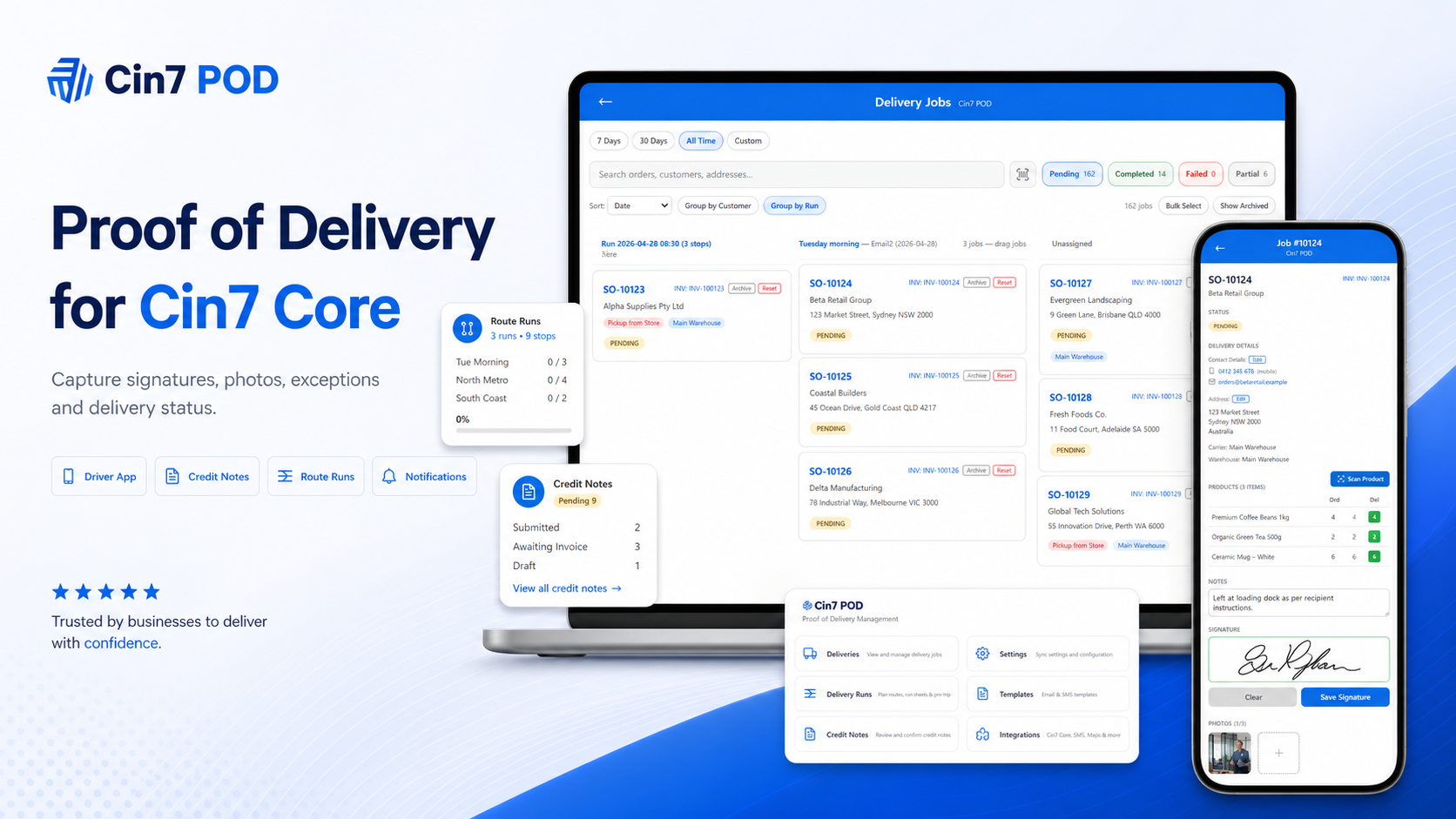 Cin7 POD proof of delivery app shown on desktop and mobile