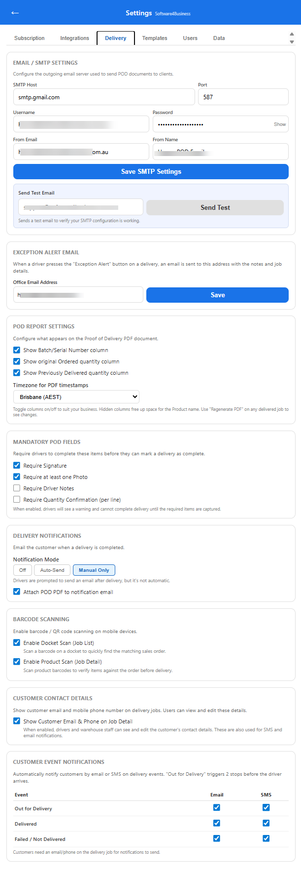 Delivery settings screen