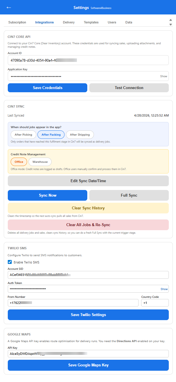 Integrations settings screen