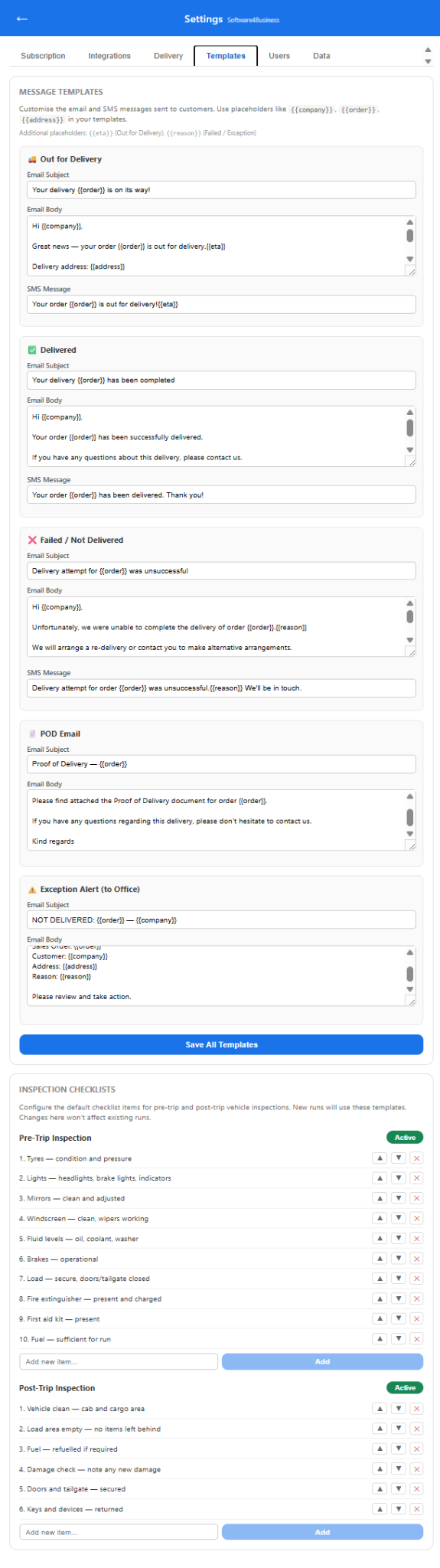 Inspection templates screen